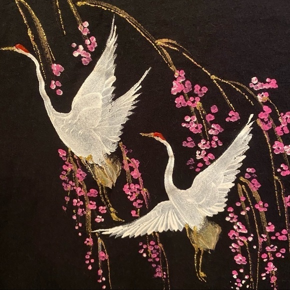 Vintage Bird & Floral Design Black T-Shirt-Medium - Picture 3 of 7